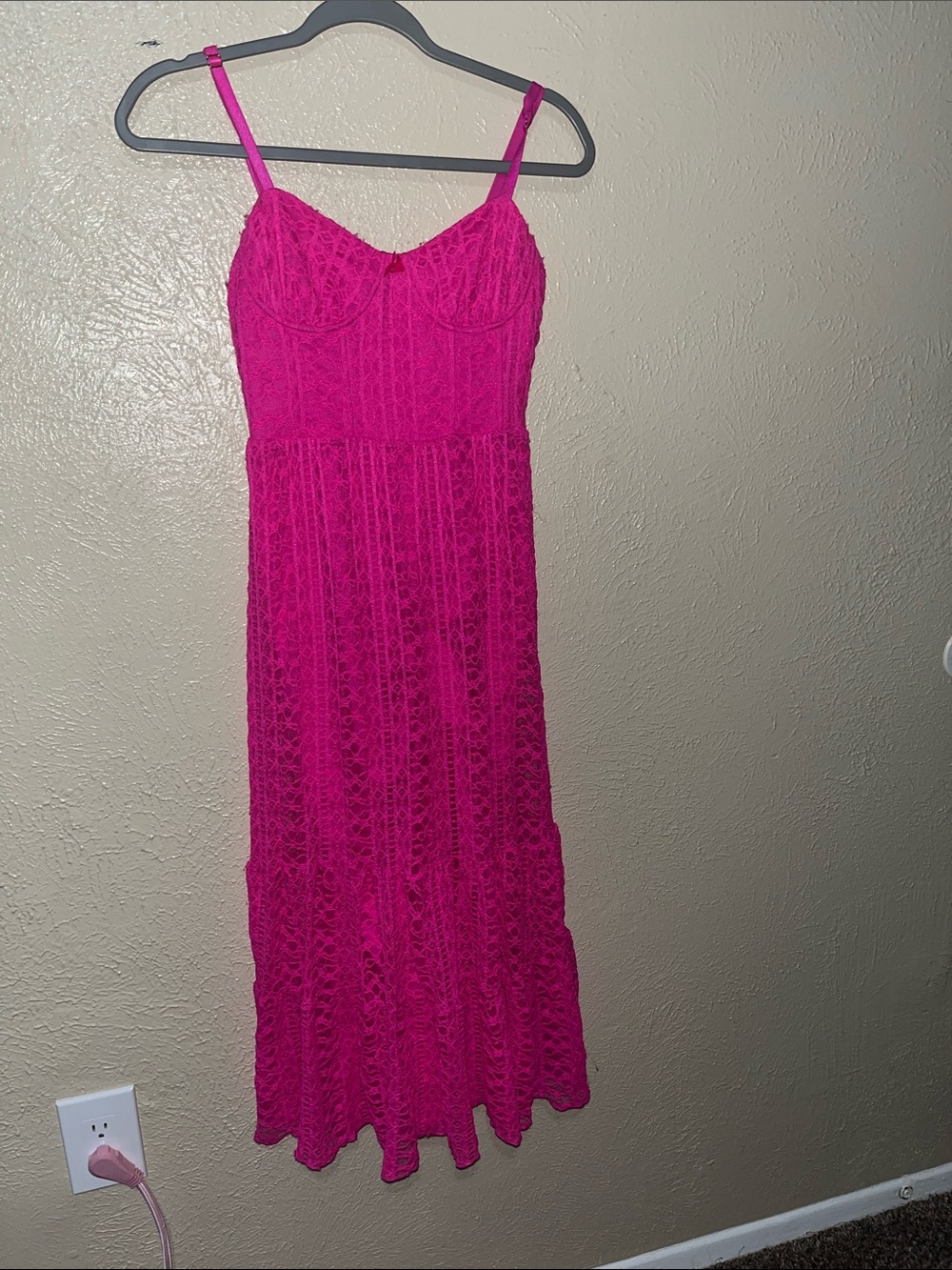Betsey Johnson Hot Pink Lace Maxi Dress with Spaghetti Straps